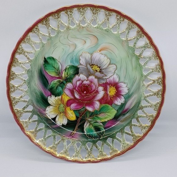 Vtg. Floral Plate Riticulated Handpainted Gold Accents Chubu Wall Art Japan 8.25 - Picture 4 of 9
